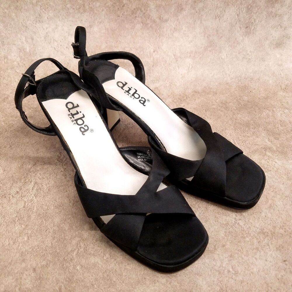 Diba East Womens Size 7.5 Black Fabric Ankle Strap Open Toe 3" Heels Sandals